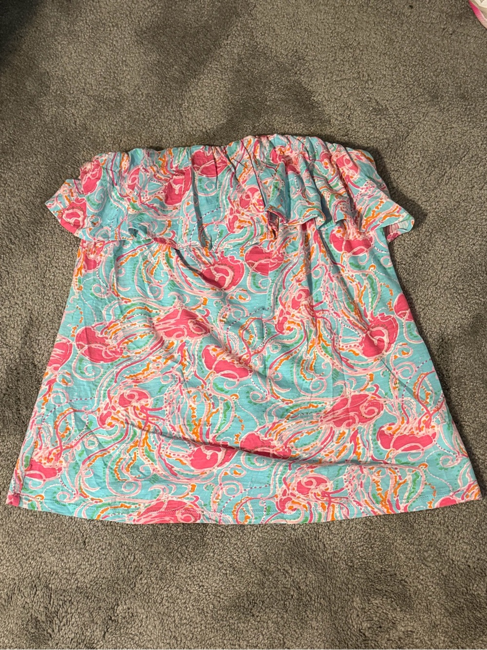 Lilly Pulitzer Jellies Turquoise & Pink Strapless Ruffle top
